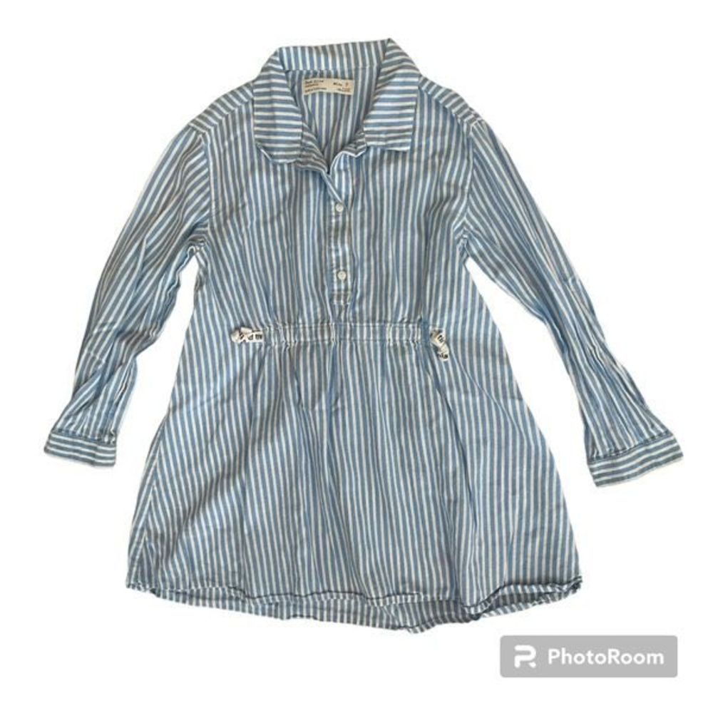 Zara Girls Stripe Long Sleeve Collar Light Blue Dress 7 / 122 *